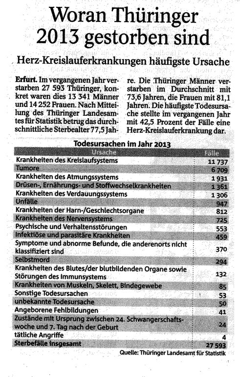 Woran Thüringer 2013 gestorben sind